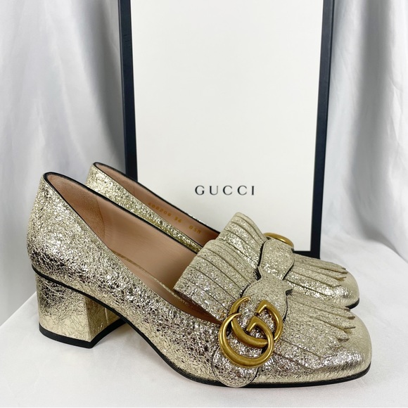 Gucci Shoes - Gucci Marmont Fringe Metallic Leather Loafer Pumps Gold